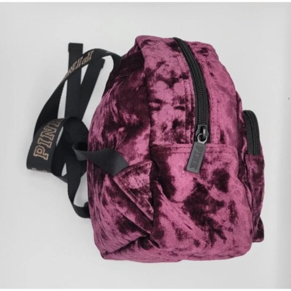 Victoria’s Secret PINK Burgundy Crushed Velvet Mini Backpack | Logo Straps | Zip - Picture 5 of 9
